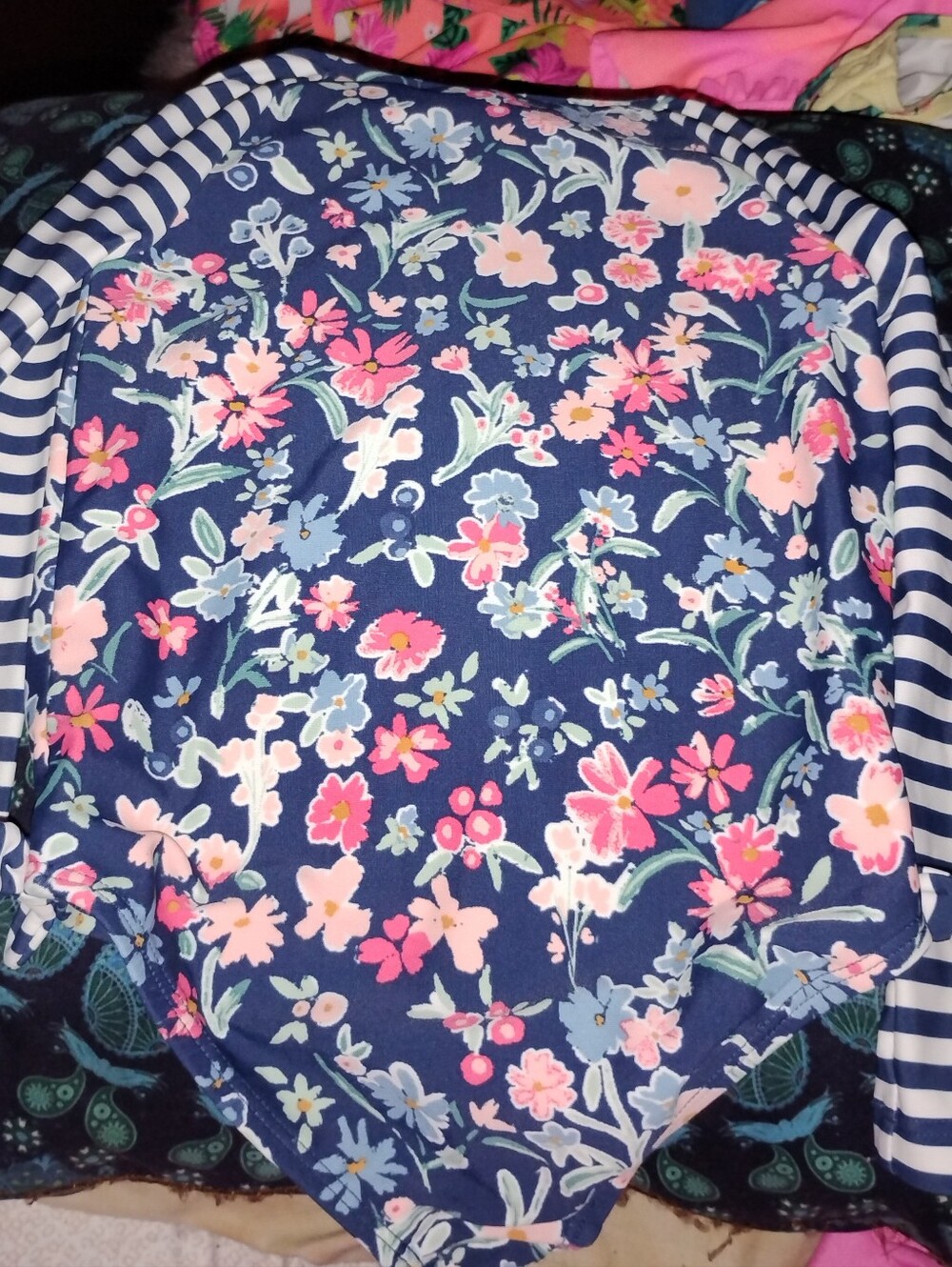 Toddler Girls Navy Floral One-Piece Swimsuit with Striped Sleeves